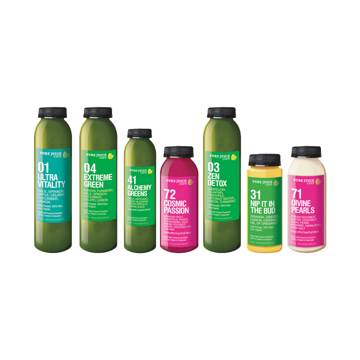 The seven Pure Juice Cafe drinks that make up the Renew Me Cleanse