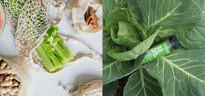 A split image of, on the left, celery and ginger in reusable net grocery bags and, on the right, a Pure Juice Cafe elixir resting on top of some leafy greens