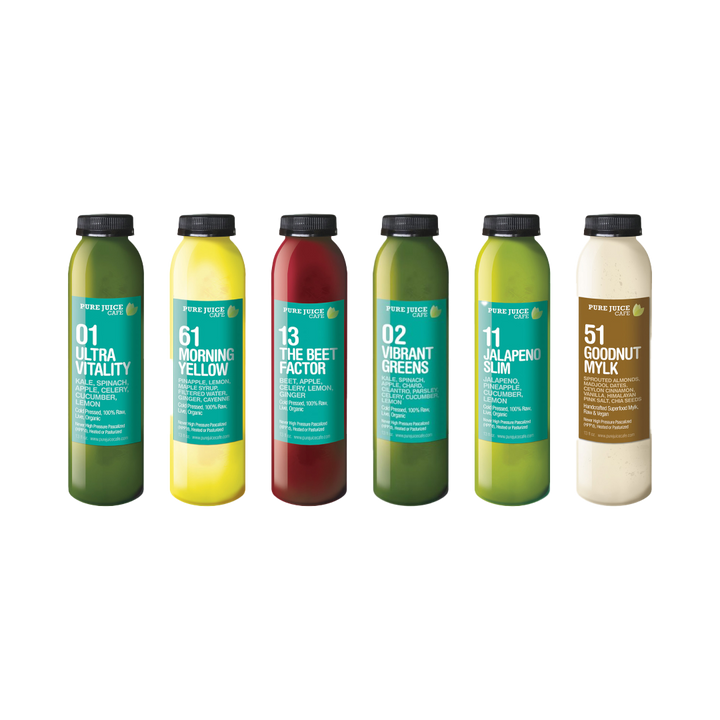 The six Pure Juice Cafe drinks that make up the Stay Pure Cleanse